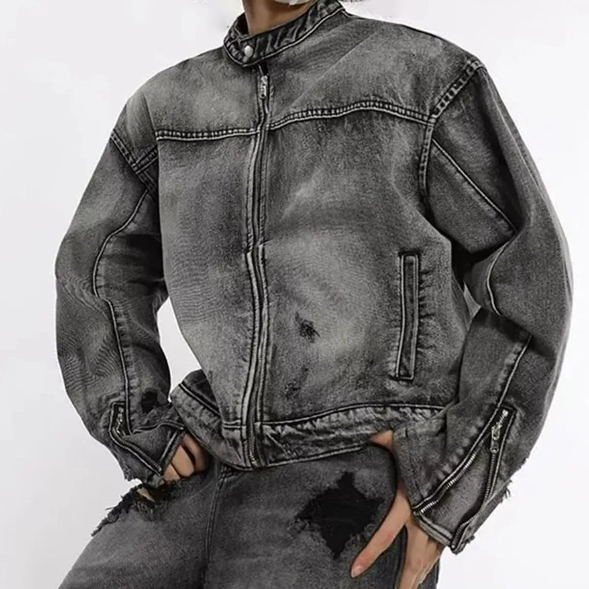Men's Washed Denim Jacket Hip Hop Retro Loose Short Denim Jacket Unisex Zipper Bomber Jacket