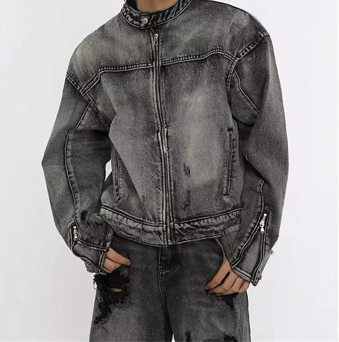 Men's Washed Denim Jacket Hip Hop Retro Loose Short Denim Jacket Unisex Zipper Bomber Jacket