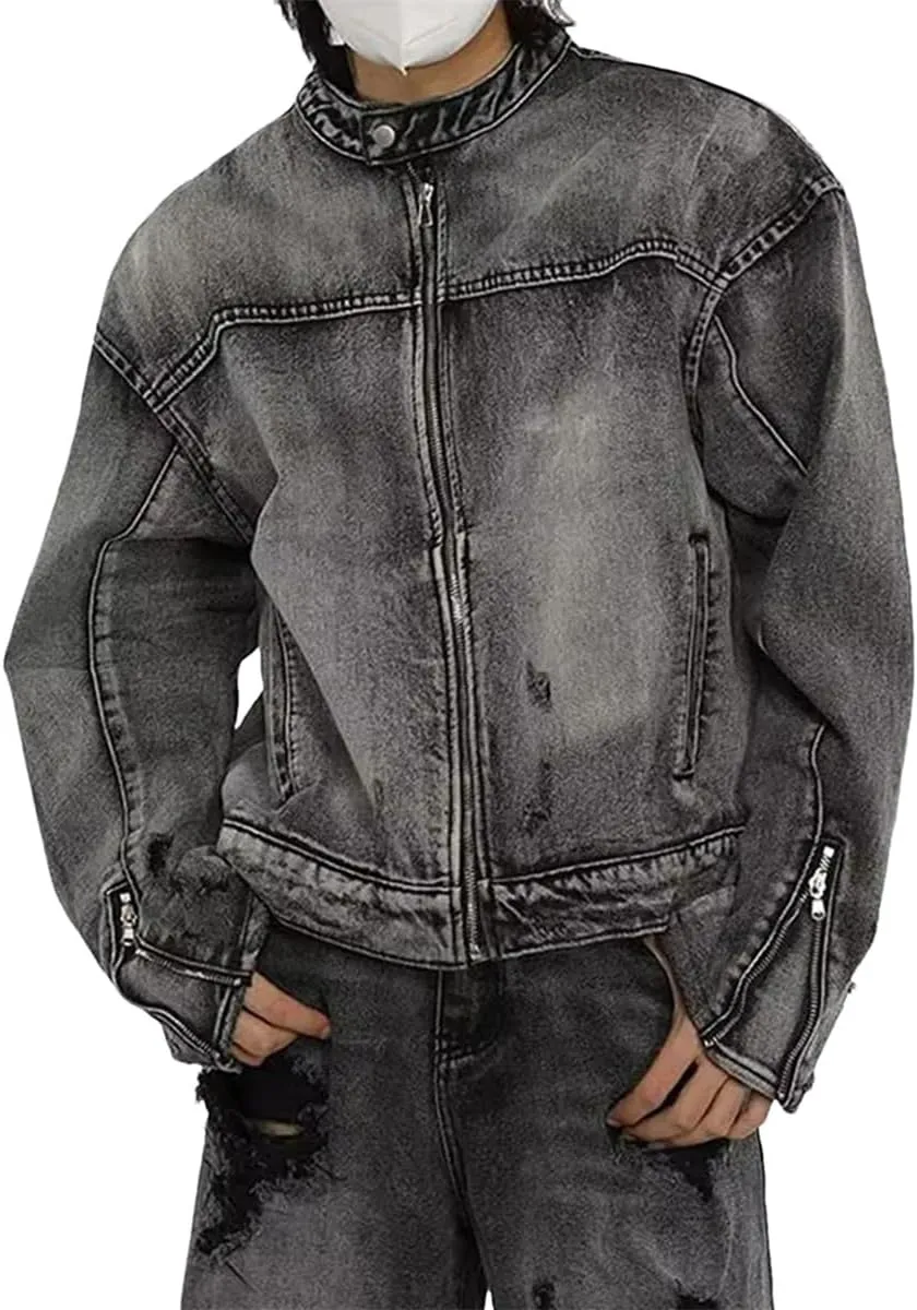 Men's Washed Denim Jacket Hip Hop Retro Loose Short Denim Jacket Unisex Zipper Bomber Jacket