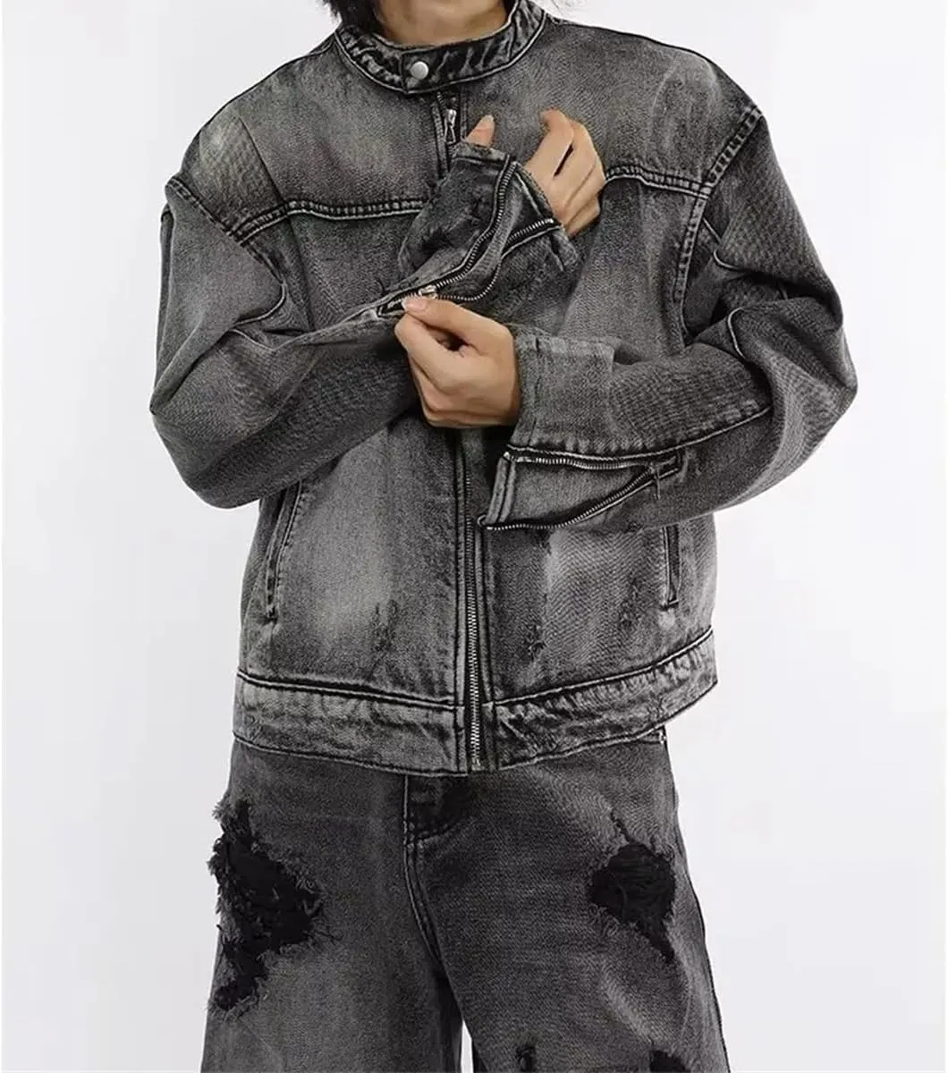 Men's Washed Denim Jacket Hip Hop Retro Loose Short Denim Jacket Unisex Zipper Bomber Jacket