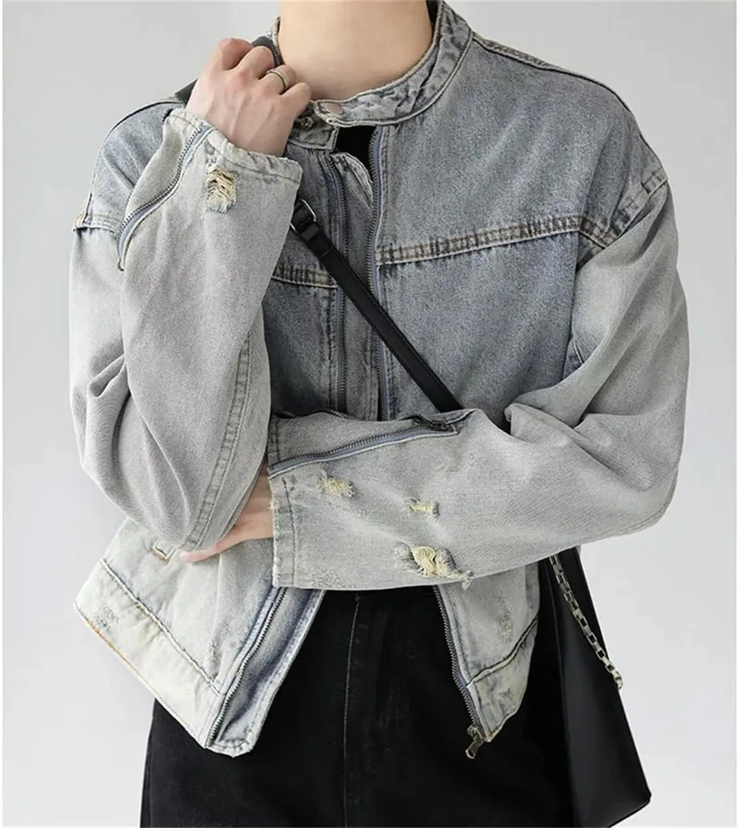 Men's Washed Denim Jacket Hip Hop Retro Loose Short Denim Jacket Unisex Zipper Bomber Jacket