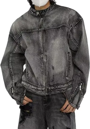 Men's Washed Denim Jacket Hip Hop Retro Loose Short Denim Jacket Unisex Zipper Bomber Jacket