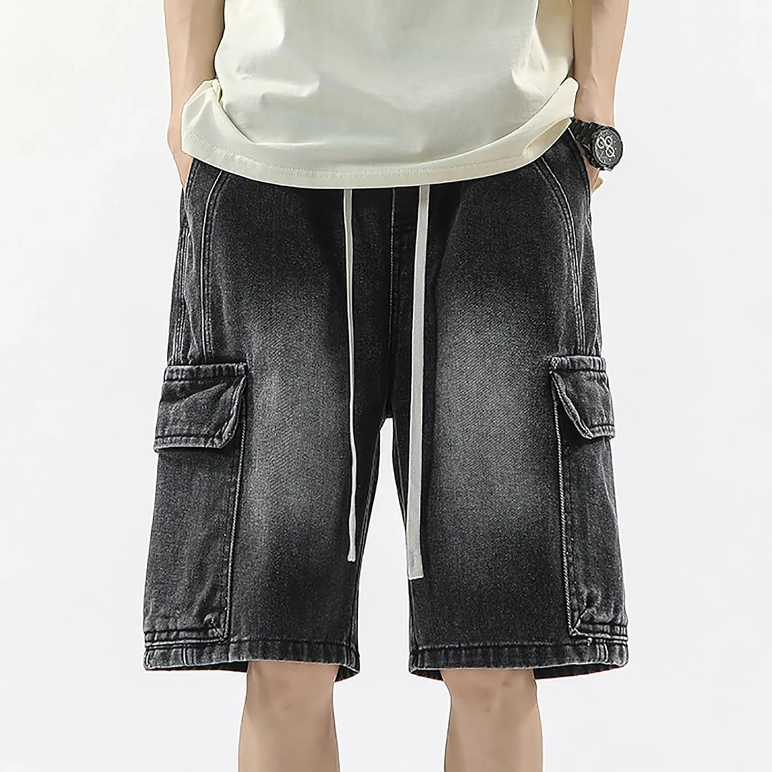 Men's Wide Leg Y2K Hip Hop Long Jean Shorts Work Denim Shorts with Pockets Summer Casual Streetwear