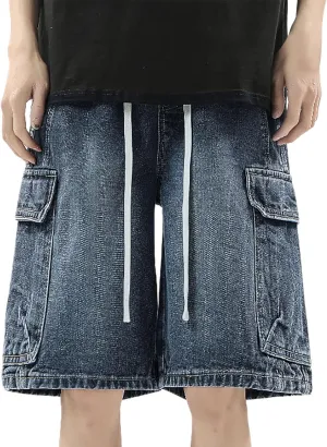 Men's Wide Leg Y2K Hip Hop Long Jean Shorts Work Denim Shorts with Pockets Summer Casual Streetwear