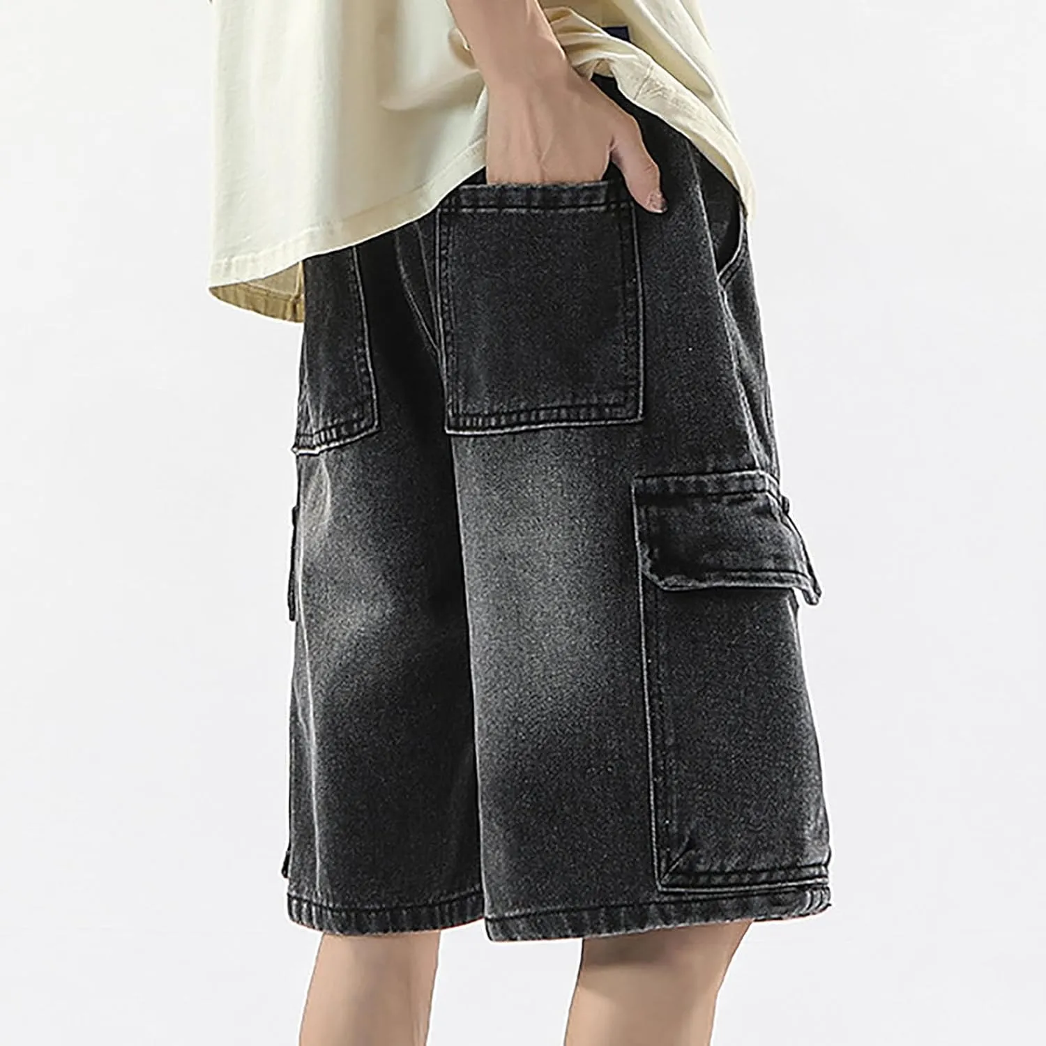 Men's Wide Leg Y2K Hip Hop Long Jean Shorts Work Denim Shorts with Pockets Summer Casual Streetwear