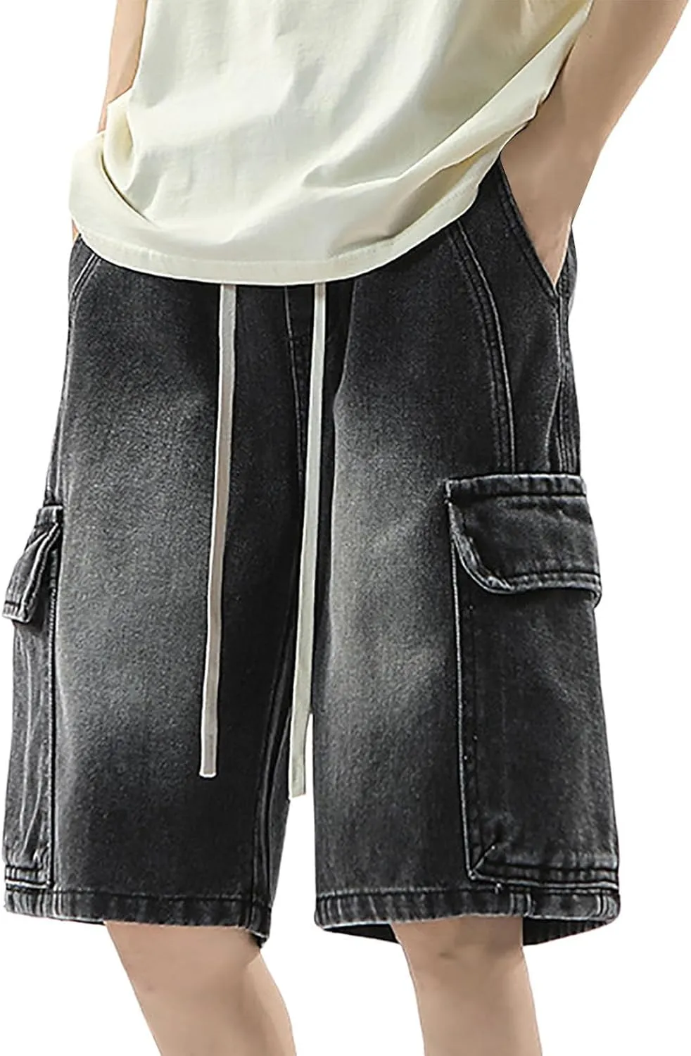 Men's Wide Leg Y2K Hip Hop Long Jean Shorts Work Denim Shorts with Pockets Summer Casual Streetwear