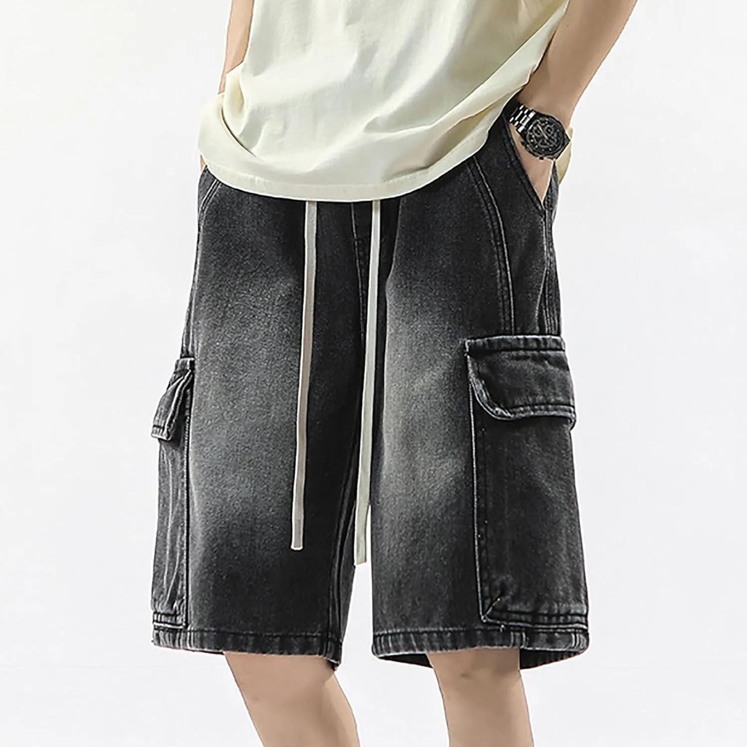 Men's Wide Leg Y2K Hip Hop Long Jean Shorts Work Denim Shorts with Pockets Summer Casual Streetwear