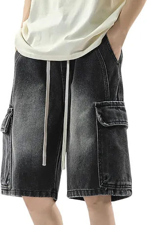 Men's Wide Leg Y2K Hip Hop Long Jean Shorts Work Denim Shorts with Pockets Summer Casual Streetwear