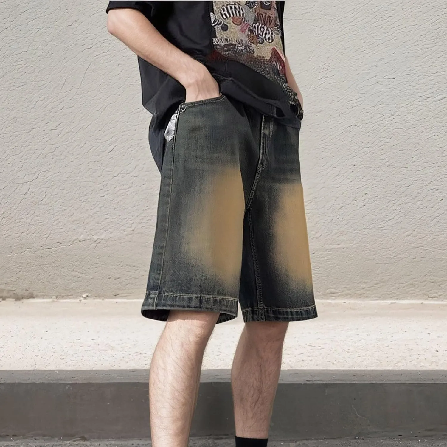 Mens Y2K Baggy Jean Shorts Summer Casual Hip Hop Skateboard Pants Loose Denim Shorts with Pockets Streetwear