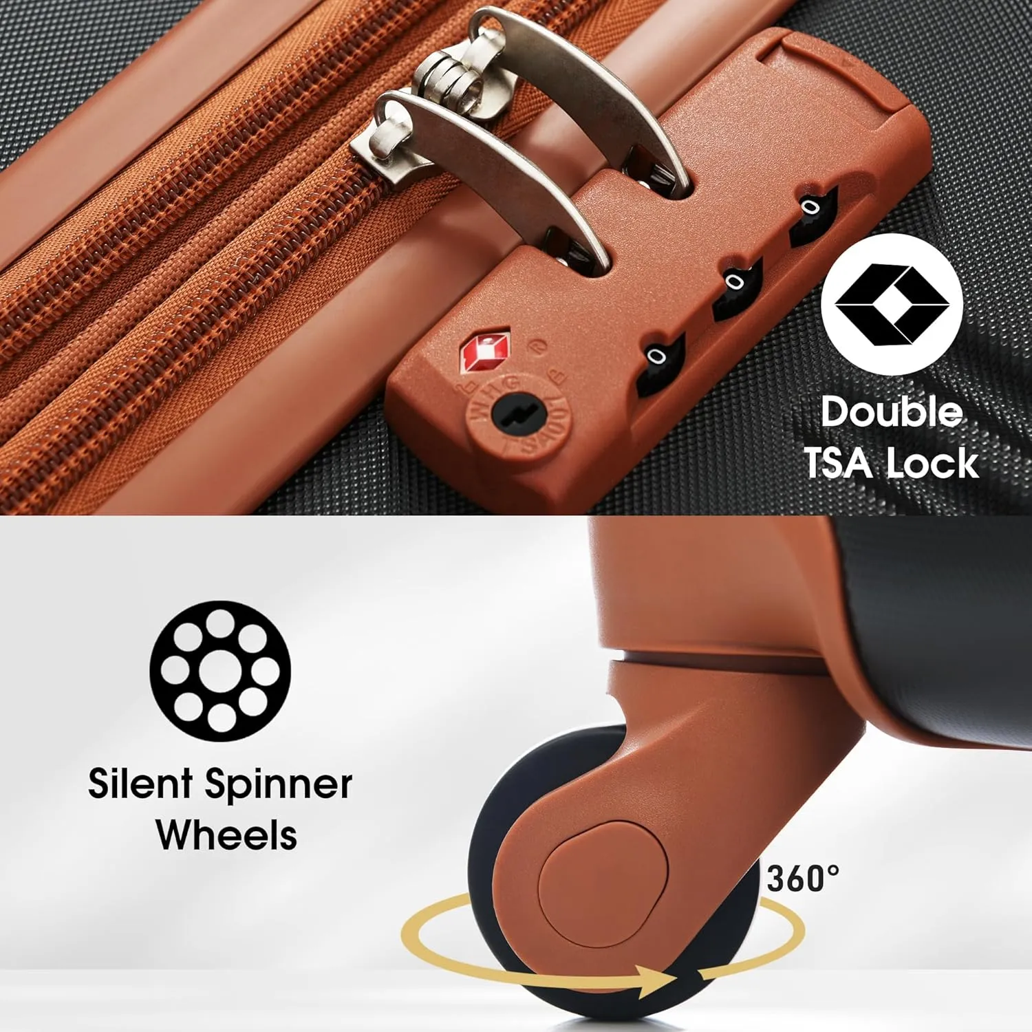 Merax Luggage Set Carry On Luggage with TSA Lock Hard Shell Suitcases & Travel Bag Dual Spinner Wheels Lightweight Durable Travel Set (Black and Brown, 3 PC(20 24 Bag))