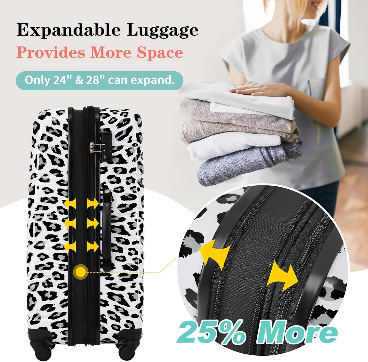 Merax Luggage Set Carry On Luggage with TSA Lock Hard Shell Suitcases & Travel Bag Dual Spinner Wheels Lightweight Durable Travel Set (Black Leopard, 3 PC(20 24 28))