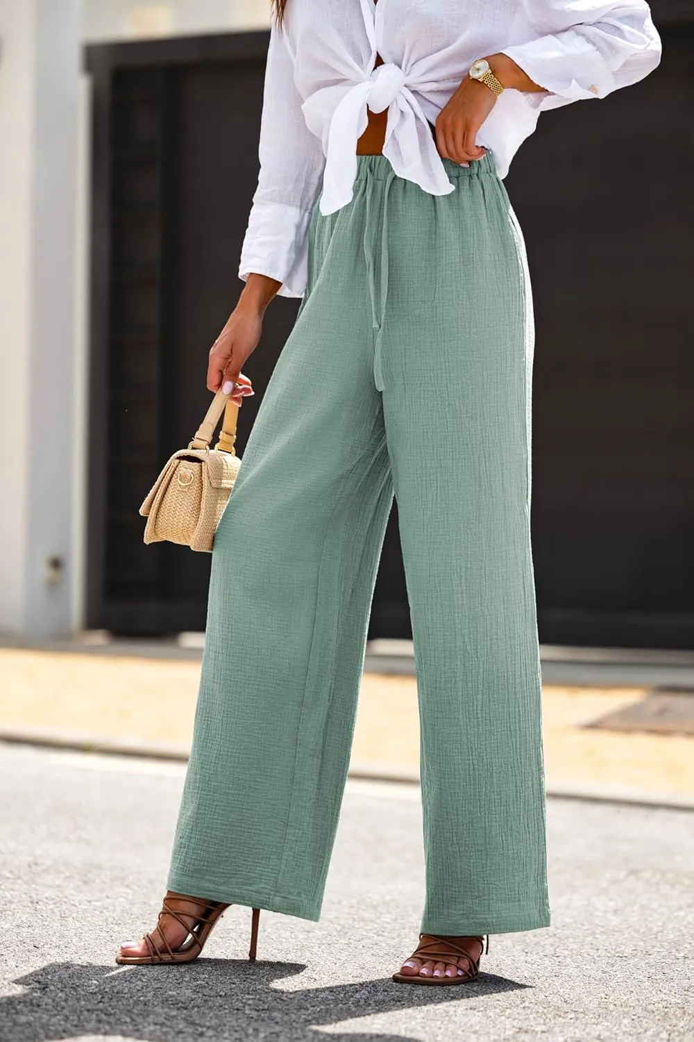 miduo Womens Cotton Drawstring Elastic High Waist Palazzo Pants Wide Leg Pants Casual Lounge Pant Trousers
