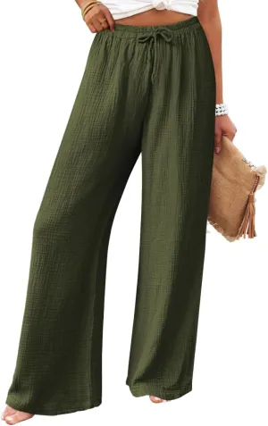 miduo Womens Cotton Drawstring Elastic High Waist Palazzo Pants Wide Leg Pants Casual Lounge Pant Trousers