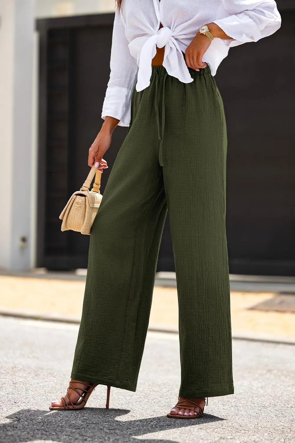 miduo Womens Cotton Drawstring Elastic High Waist Palazzo Pants Wide Leg Pants Casual Lounge Pant Trousers