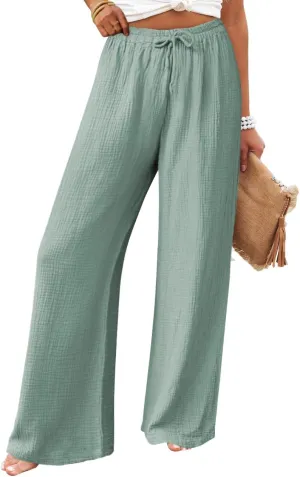 miduo Womens Cotton Drawstring Elastic High Waist Palazzo Pants Wide Leg Pants Casual Lounge Pant Trousers