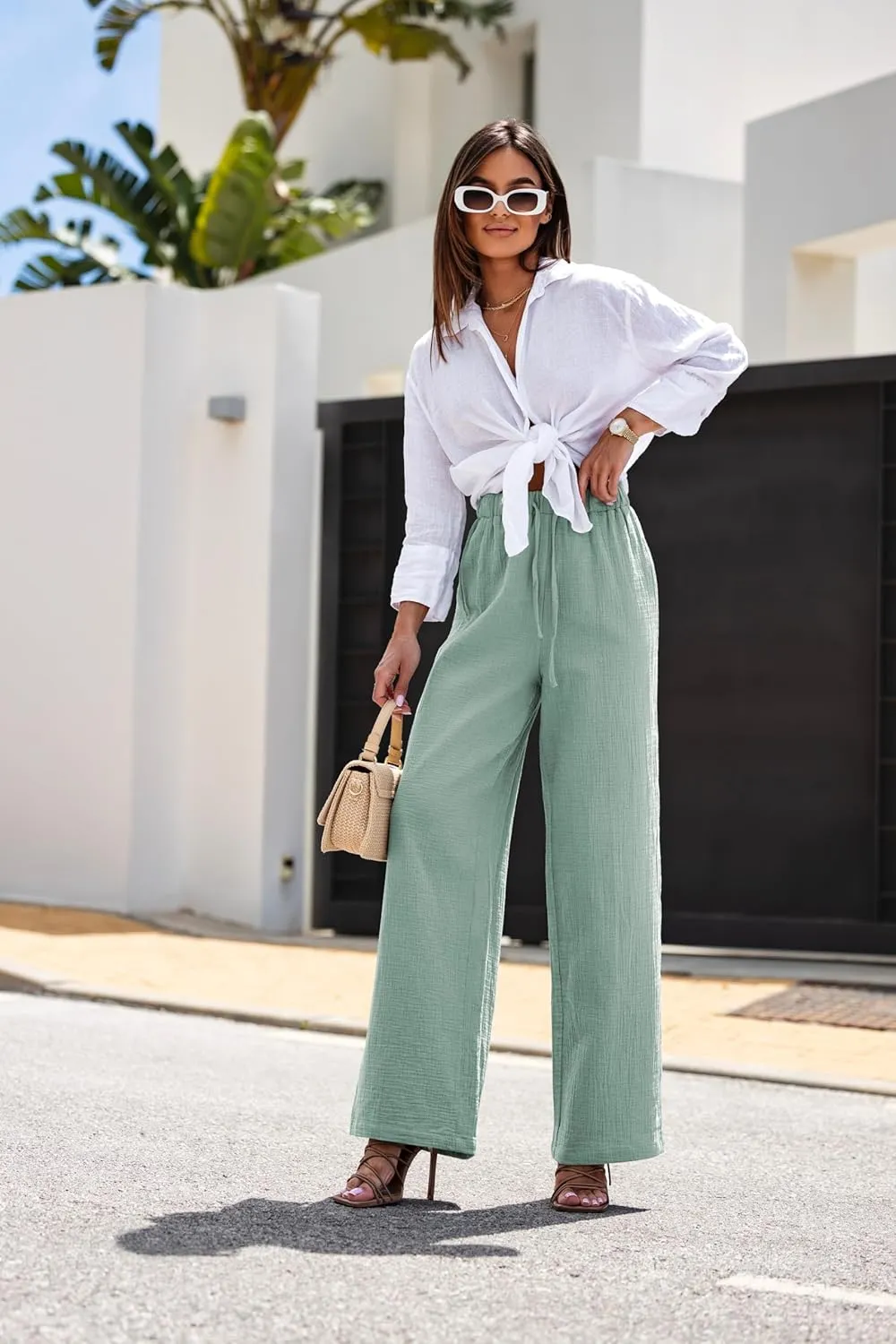miduo Womens Cotton Drawstring Elastic High Waist Palazzo Pants Wide Leg Pants Casual Lounge Pant Trousers