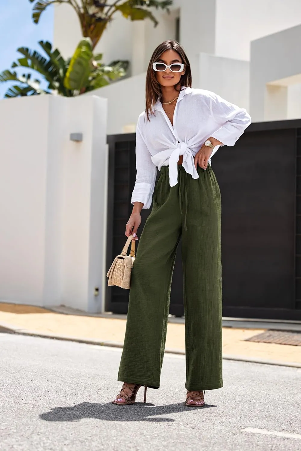 miduo Womens Cotton Drawstring Elastic High Waist Palazzo Pants Wide Leg Pants Casual Lounge Pant Trousers