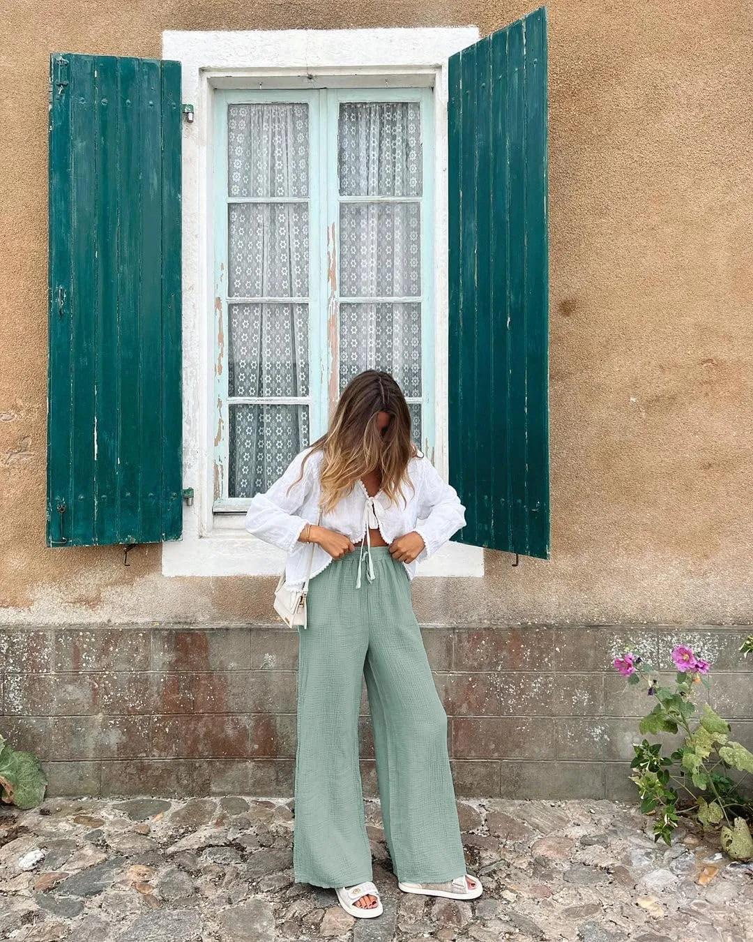 miduo Womens Cotton Drawstring Elastic High Waist Palazzo Pants Wide Leg Pants Casual Lounge Pant Trousers