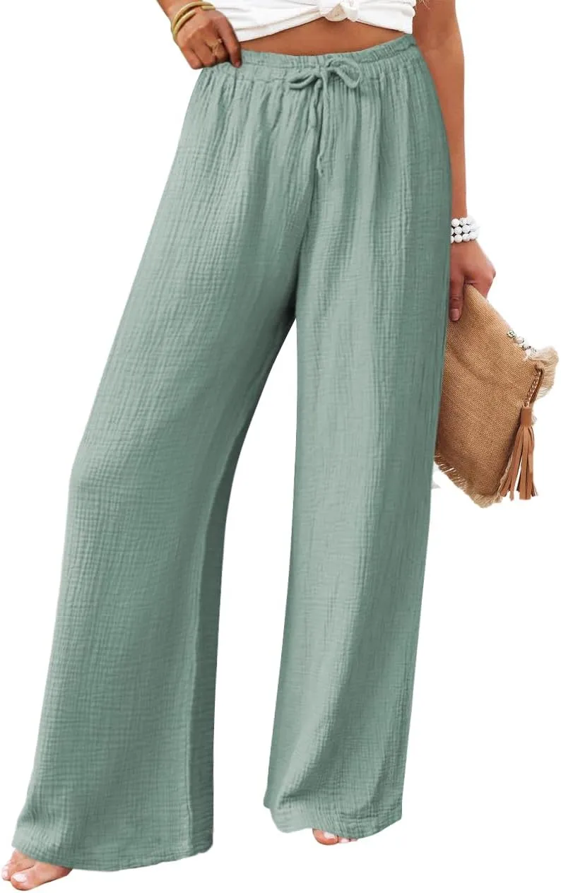 miduo Womens Cotton Drawstring Elastic High Waist Palazzo Pants Wide Leg Pants Casual Lounge Pant Trousers