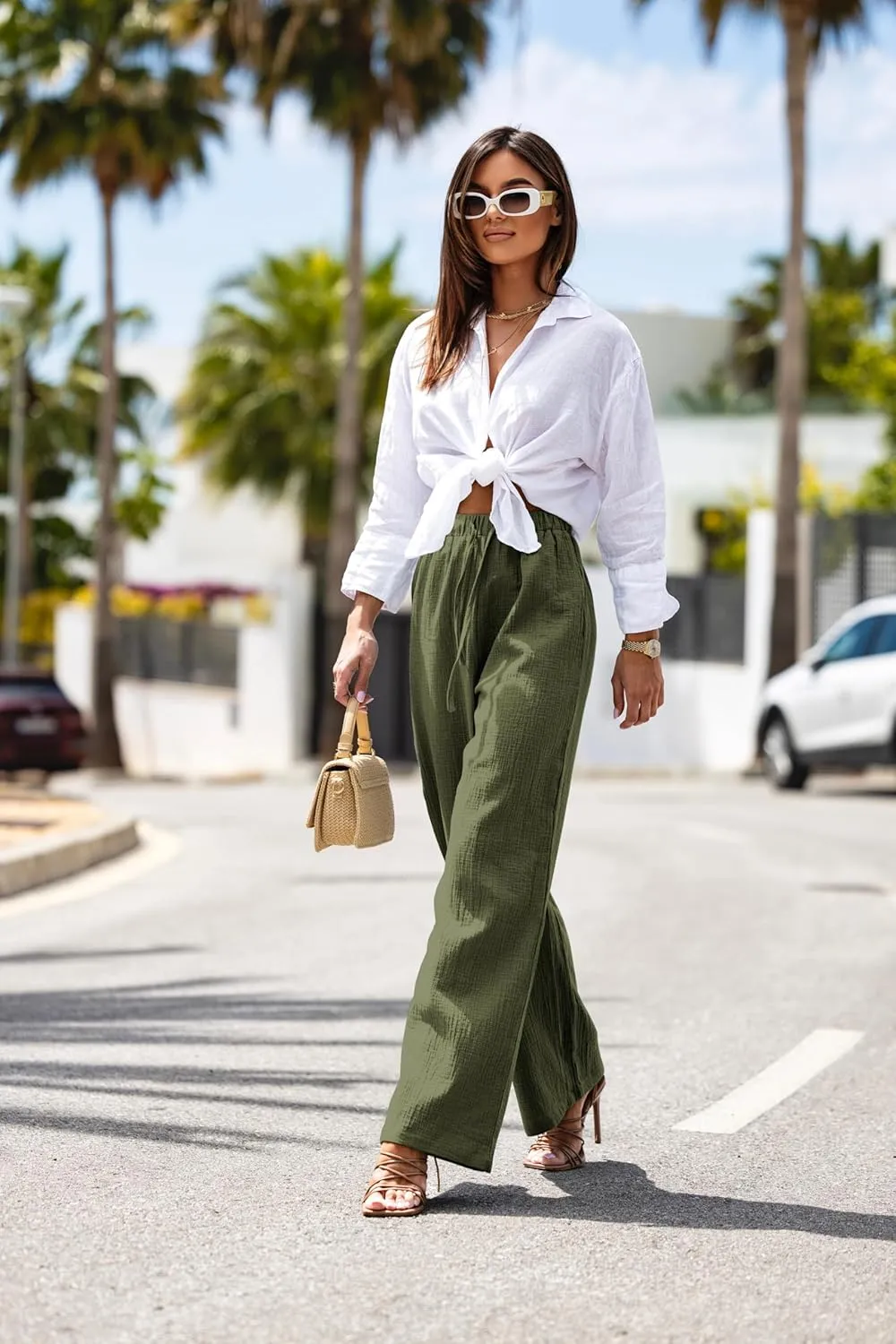 miduo Womens Cotton Drawstring Elastic High Waist Palazzo Pants Wide Leg Pants Casual Lounge Pant Trousers