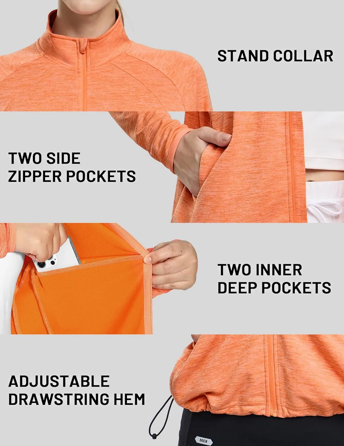 MIER Womens Athletic Jackets Light Weight Cropped Zip Up Workout Running Jacket UPF 50  Full Zip UV Shirts with Pockets
