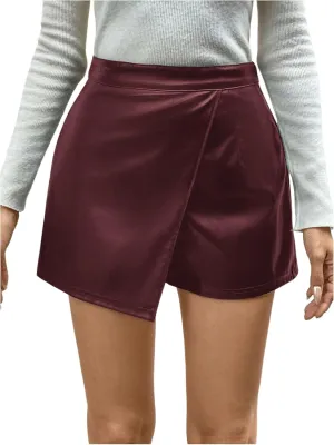 Milumia Women's Faux Leather High Waisted Skorts Wrapped Pu Leather Shorts