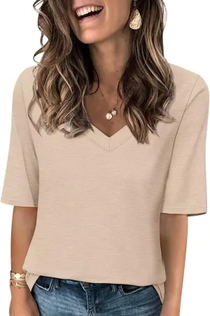 Minetom Women's V Neck T Shirts Casual Half Sleeve Tops Basic Summer Tees