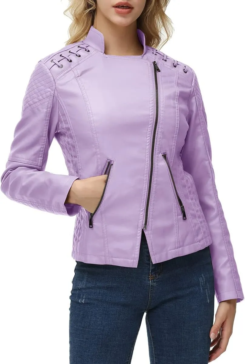 MODFUL Women's Faux Leather Moto Jacket Casual Short Solid Color PU Biker Coat with Pockets