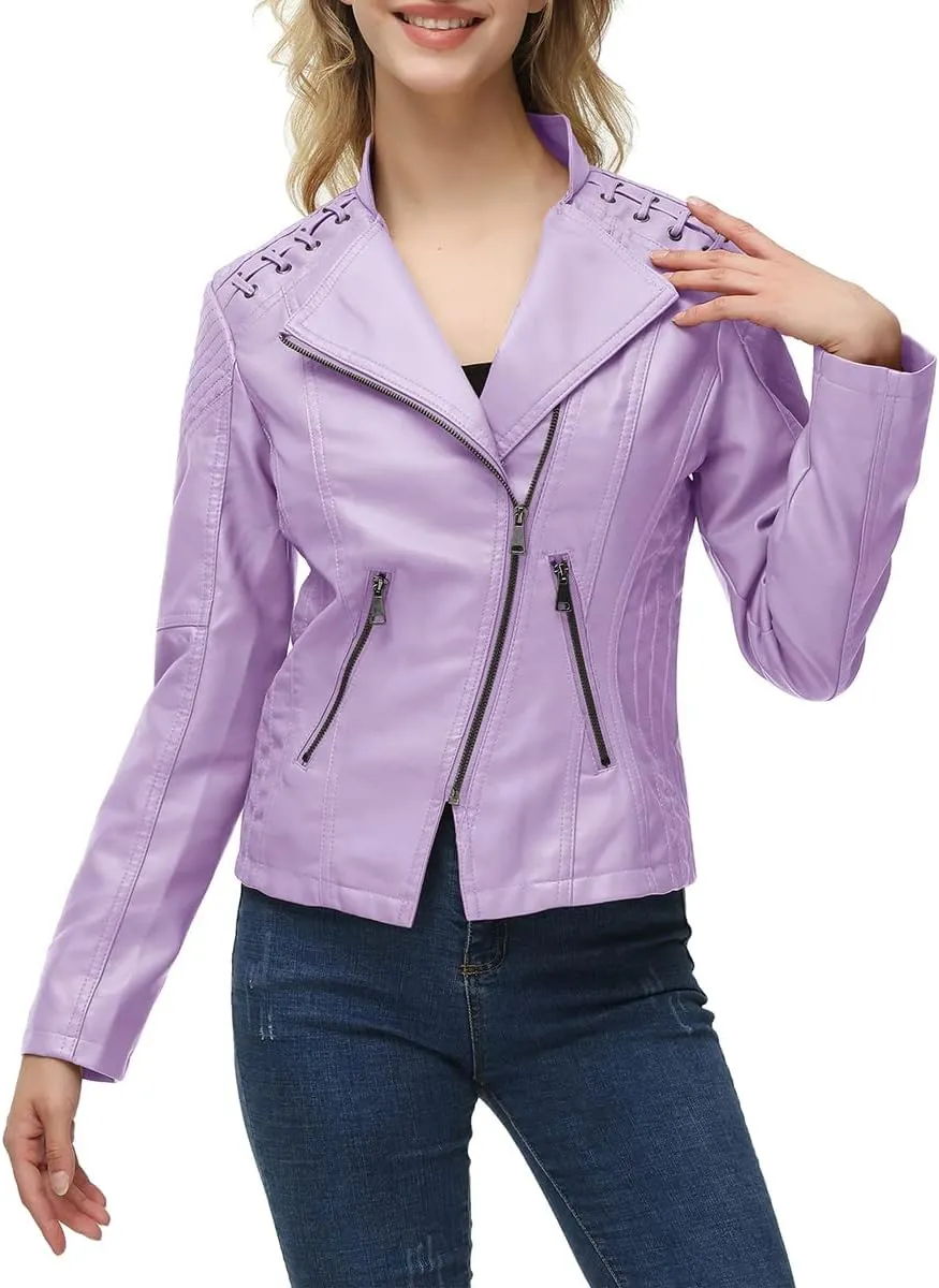 MODFUL Women's Faux Leather Moto Jacket Casual Short Solid Color PU Biker Coat with Pockets