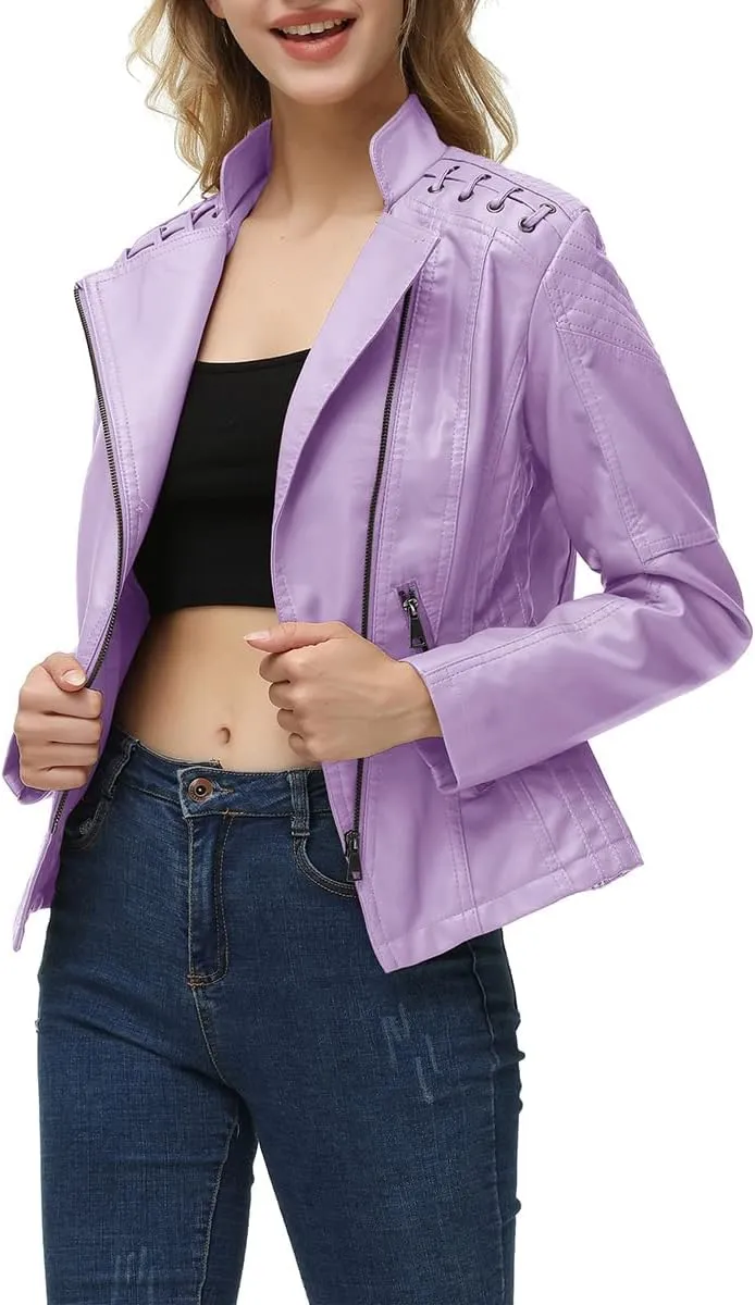 MODFUL Women's Faux Leather Moto Jacket Casual Short Solid Color PU Biker Coat with Pockets
