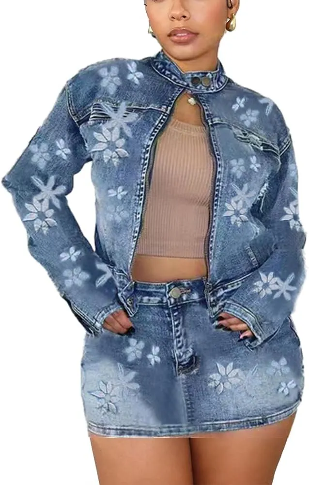 Molilove 2 Piece Denim Skirt Jacket Set Women Zipper Jacket Top Elastic Waist Skirt with Pockets Sweatsuit Tracksuit Sets