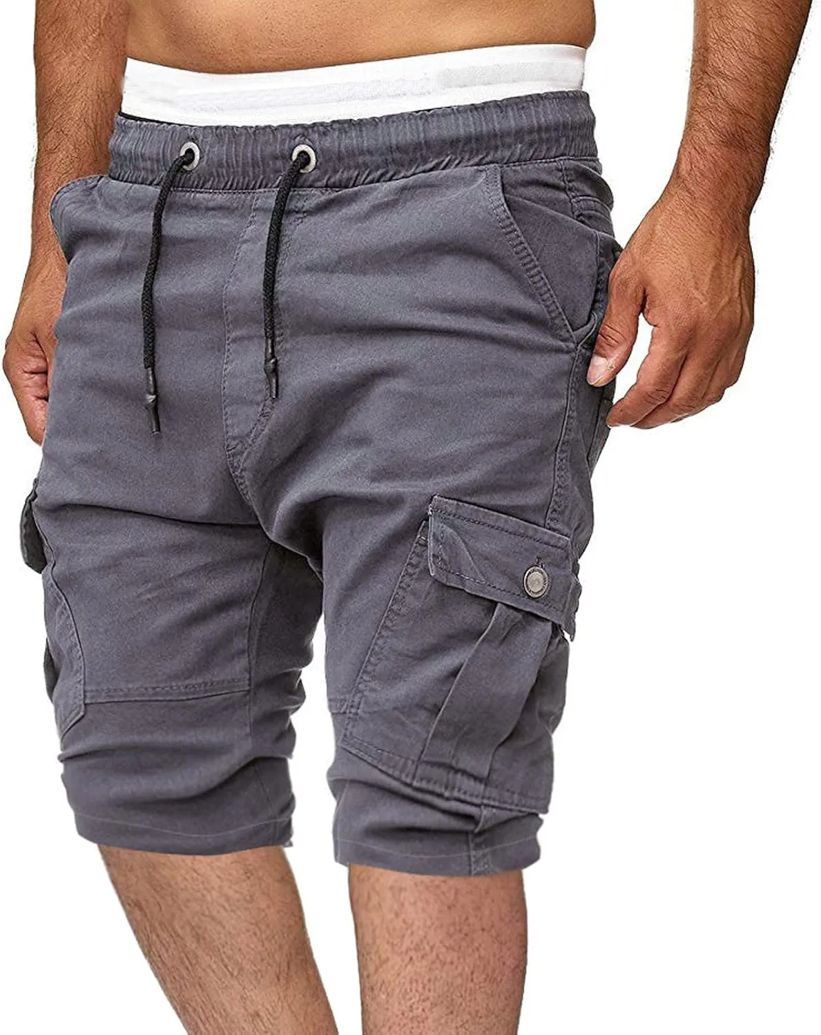 Muscularfit Cotton Shorts Men 2023 Slim Fit Drawstring Elastic Waist Multi Pockets Cargo Shorts Outdoor Solid Tooling Shorts