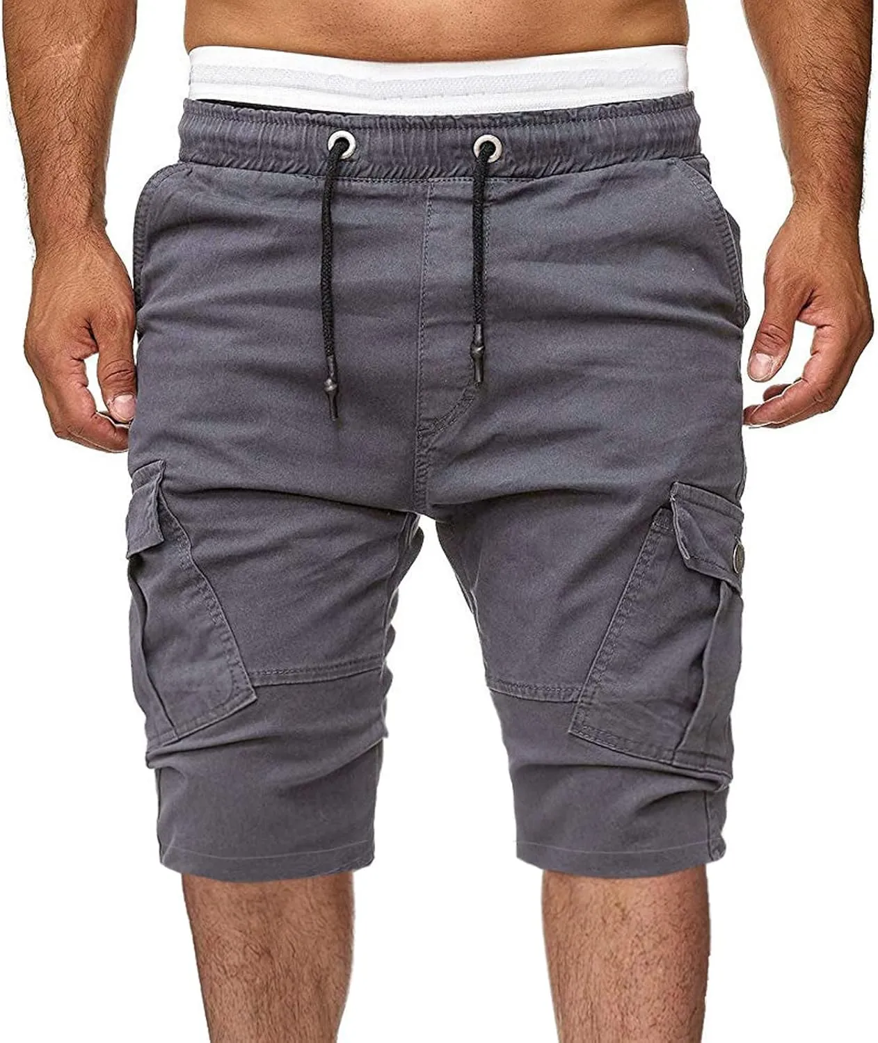 Muscularfit Cotton Shorts Men 2023 Slim Fit Drawstring Elastic Waist Multi Pockets Cargo Shorts Outdoor Solid Tooling Shorts