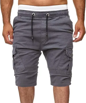 Muscularfit Cotton Shorts Men 2023 Slim Fit Drawstring Elastic Waist Multi Pockets Cargo Shorts Outdoor Solid Tooling Shorts