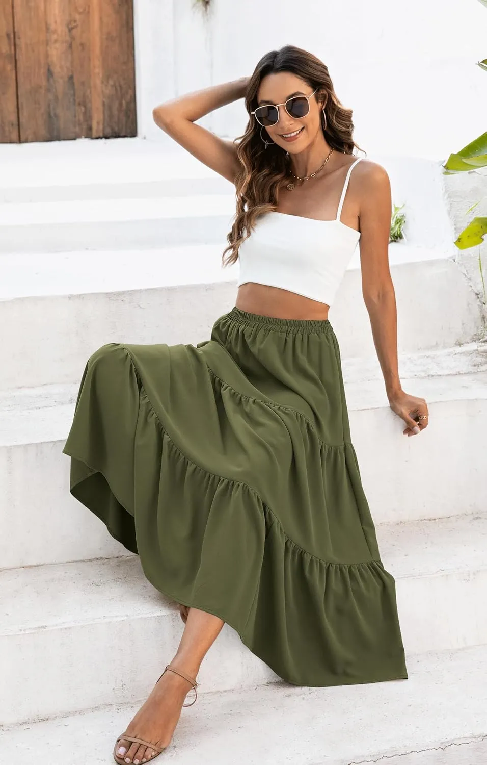 Naggoo Women's Summer Maxi Skirt Tiered A Line Ruffle Elastic High Waisted Flowy Beach Long Skirts with Pockets