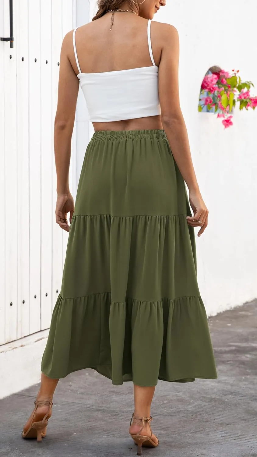 Naggoo Women's Summer Maxi Skirt Tiered A Line Ruffle Elastic High Waisted Flowy Beach Long Skirts with Pockets