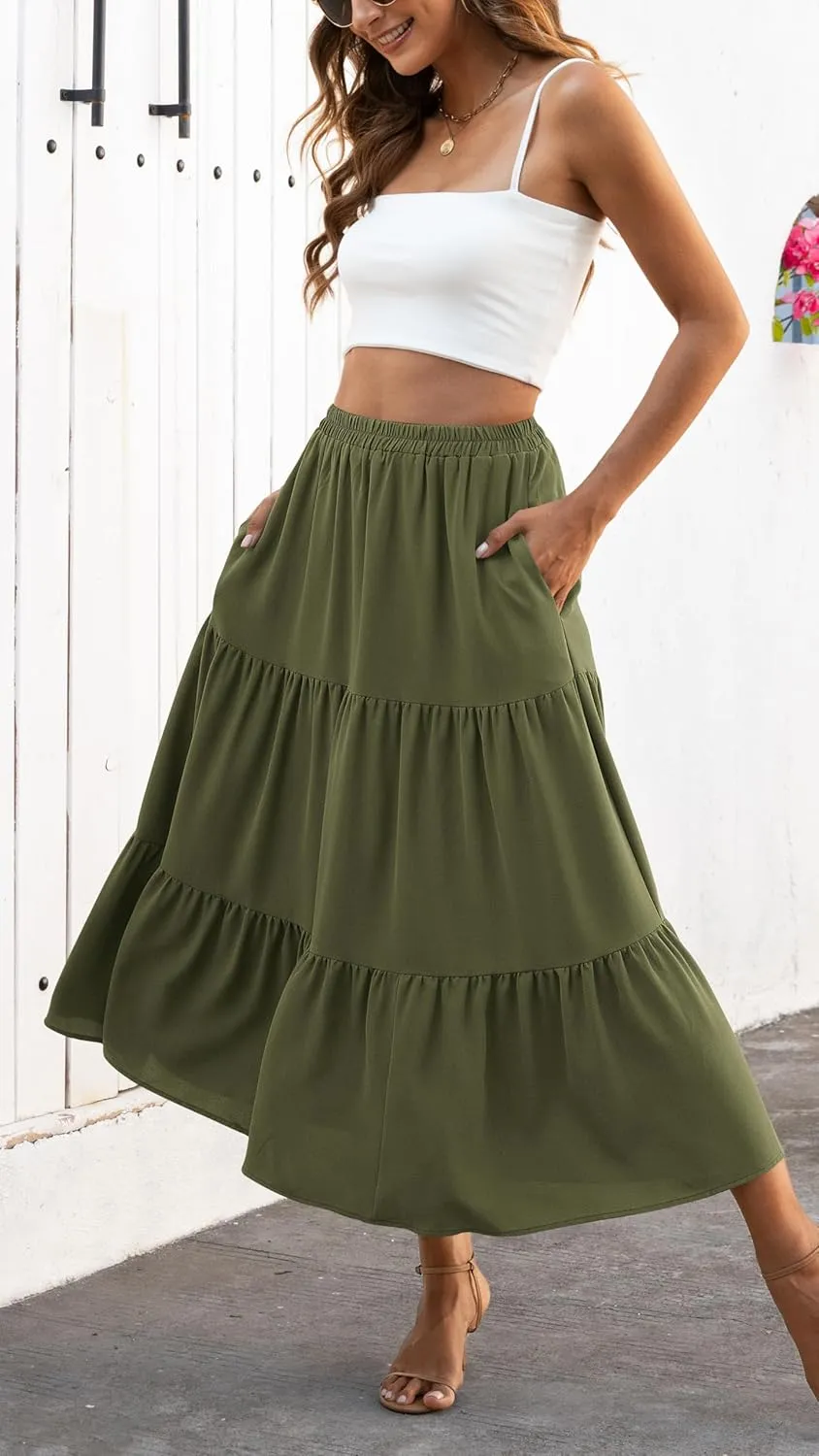 Naggoo Women's Summer Maxi Skirt Tiered A Line Ruffle Elastic High Waisted Flowy Beach Long Skirts with Pockets
