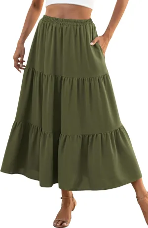 Naggoo Women's Summer Maxi Skirt Tiered A Line Ruffle Elastic High Waisted Flowy Beach Long Skirts with Pockets