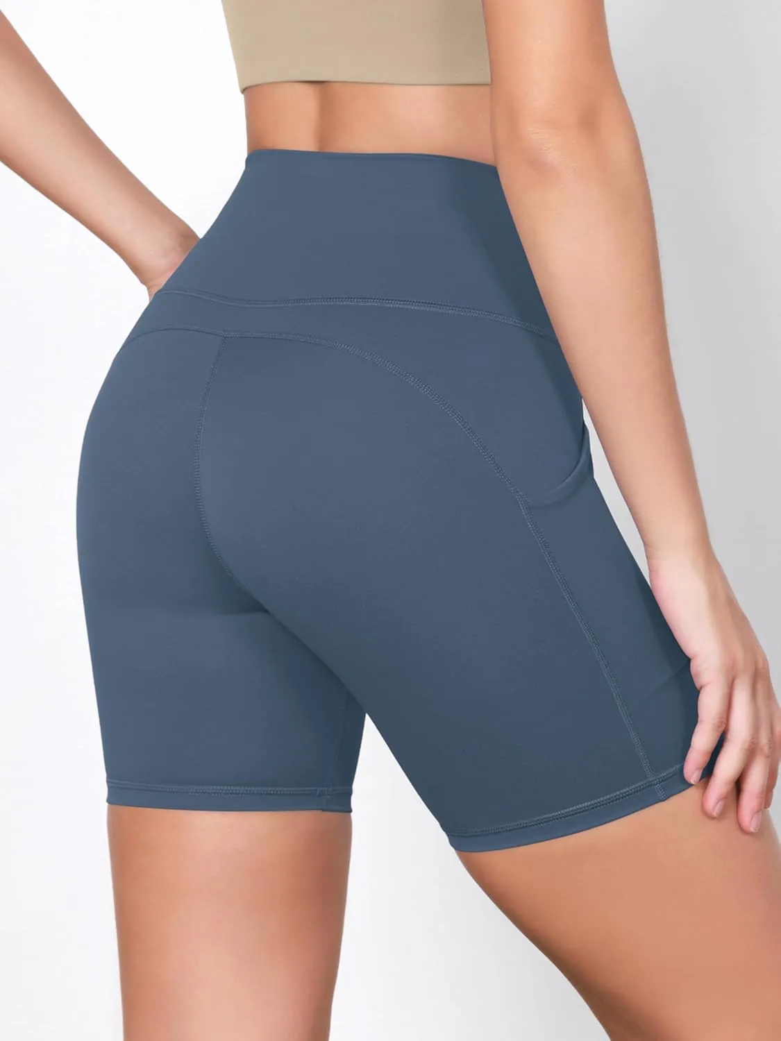 ODODOS 2-Pack High Waist Workout Shorts with Pockets for Women 6"/8" Inseam Tummy Control Gym Athletic Biker Shorts