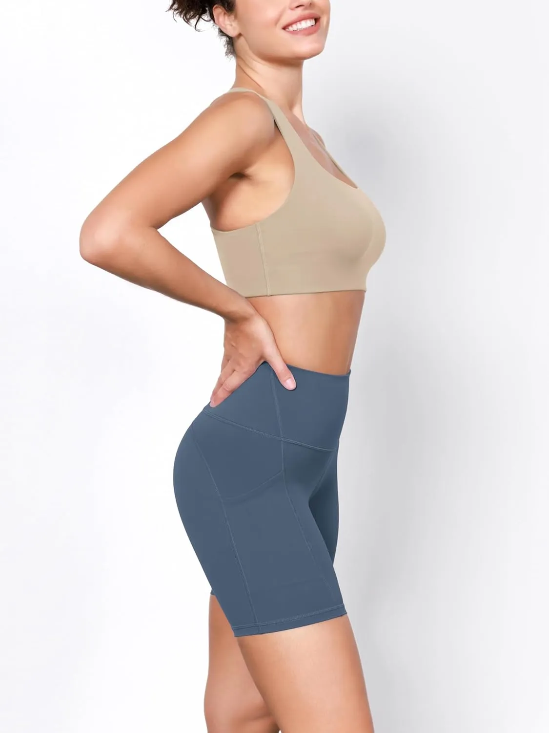 ODODOS 2-Pack High Waist Workout Shorts with Pockets for Women 6"/8" Inseam Tummy Control Gym Athletic Biker Shorts