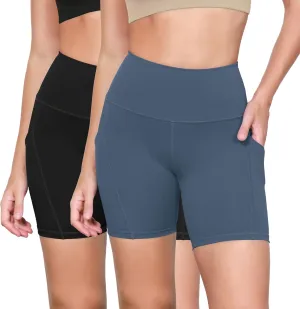 ODODOS 2-Pack High Waist Workout Shorts with Pockets for Women 6"/8" Inseam Tummy Control Gym Athletic Biker Shorts