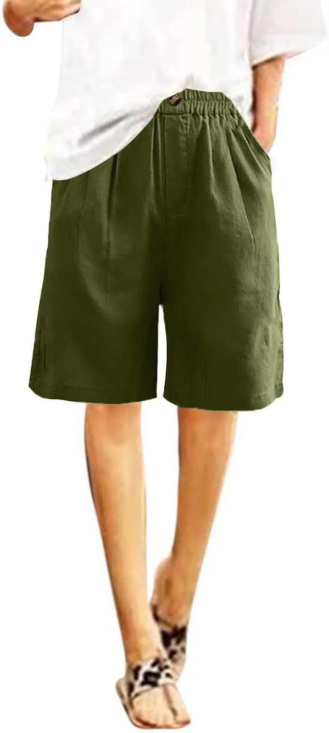 oiangi Linen Shorts for Women High Waisted Knee Length Bermuda Shorts Loose Casual Wide Leg Workout Short Pants with Pockets