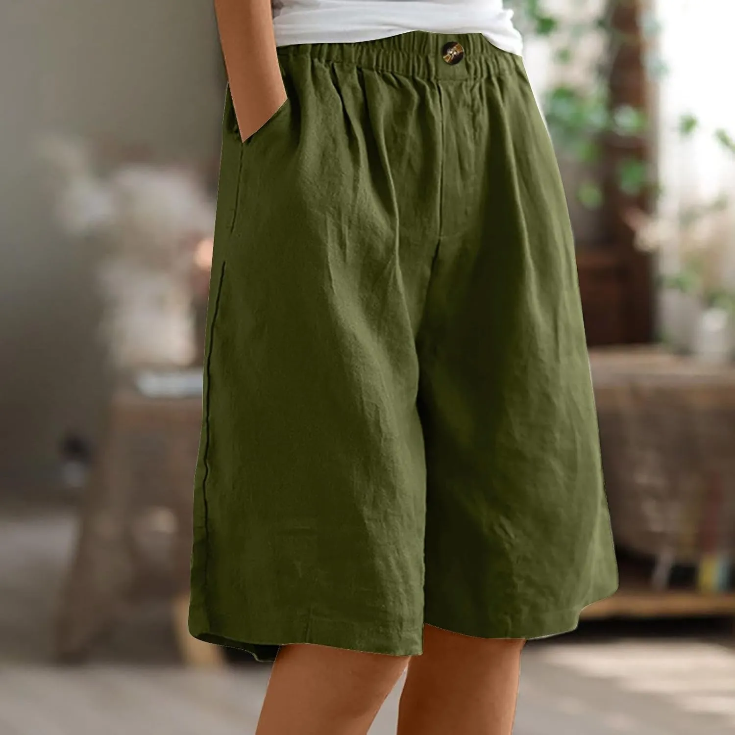 oiangi Linen Shorts for Women High Waisted Knee Length Bermuda Shorts Loose Casual Wide Leg Workout Short Pants with Pockets
