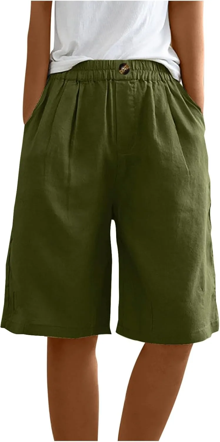oiangi Linen Shorts for Women High Waisted Knee Length Bermuda Shorts Loose Casual Wide Leg Workout Short Pants with Pockets