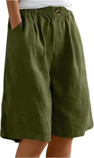 oiangi Linen Shorts for Women High Waisted Knee Length Bermuda Shorts Loose Casual Wide Leg Workout Short Pants with Pockets