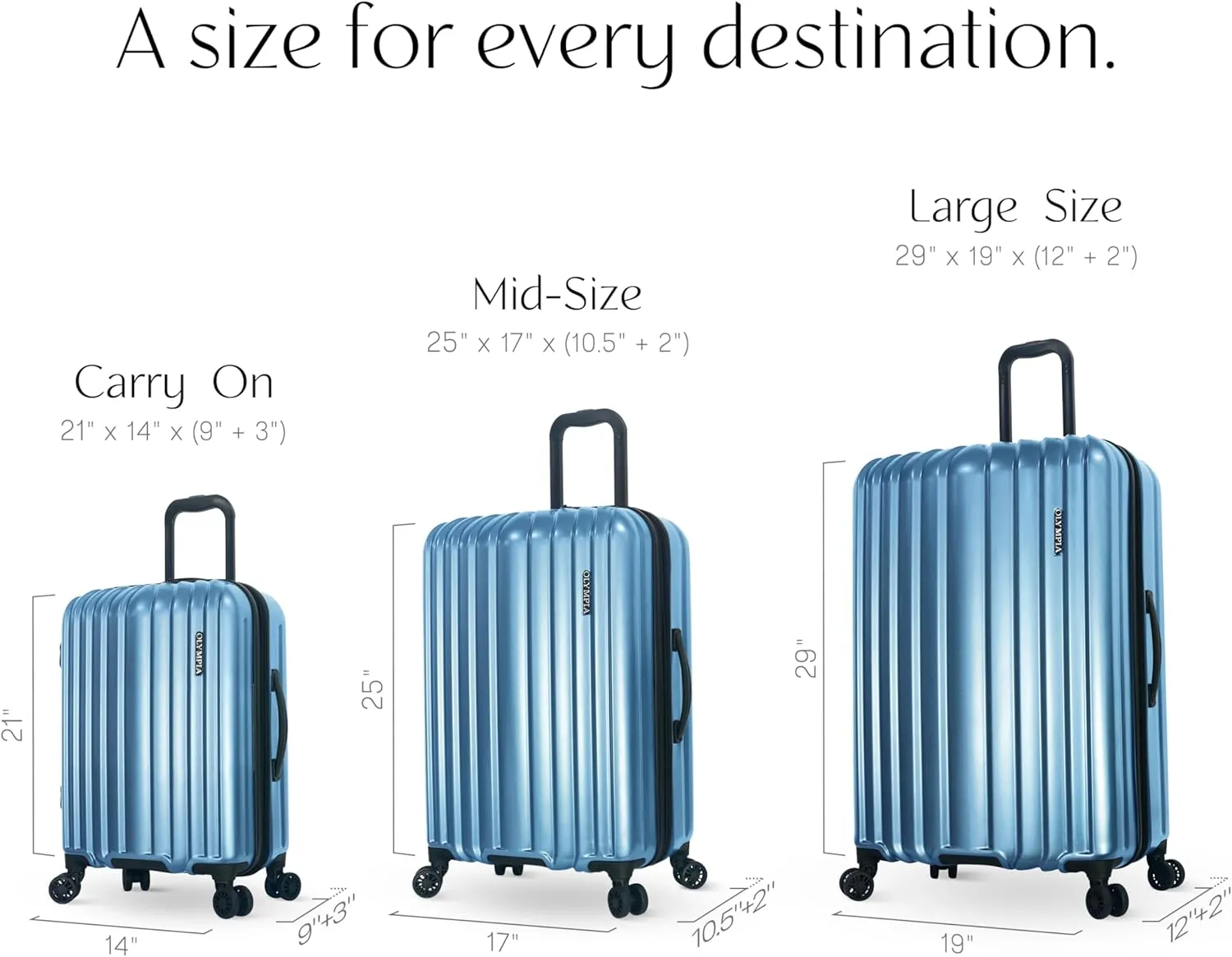 Olympia U.S.A. Shadow 3-Piece Luggage Set (21", 25", 29")  Expandable Hardside Suitcases with Double-Spinner Wheels, Telescoping Handle, Utility Hook & Hidden Laptop Compartment (Elemental Blue)