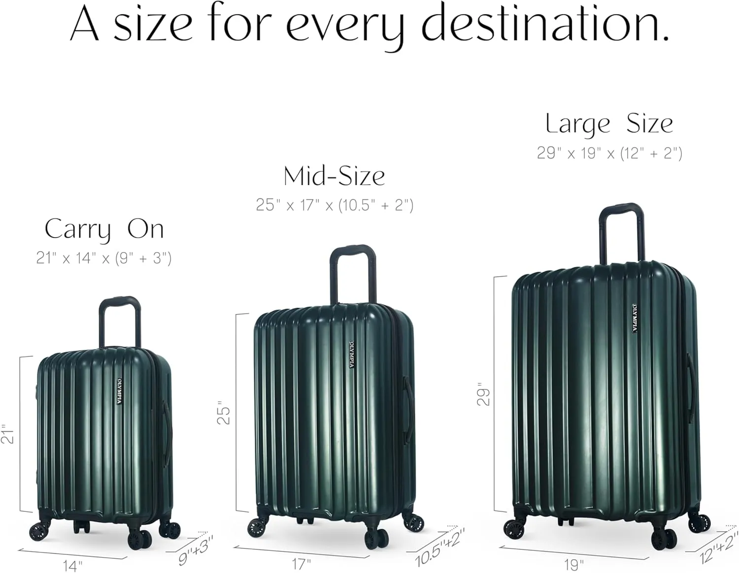 Olympia U.S.A. Shadow 3-Piece Luggage Set (21", 25", 29")  Expandable Hardside Suitcases with Double-Spinner Wheels, Telescoping Handle, Utility Hook & Hidden Laptop Compartment (Forest Night)