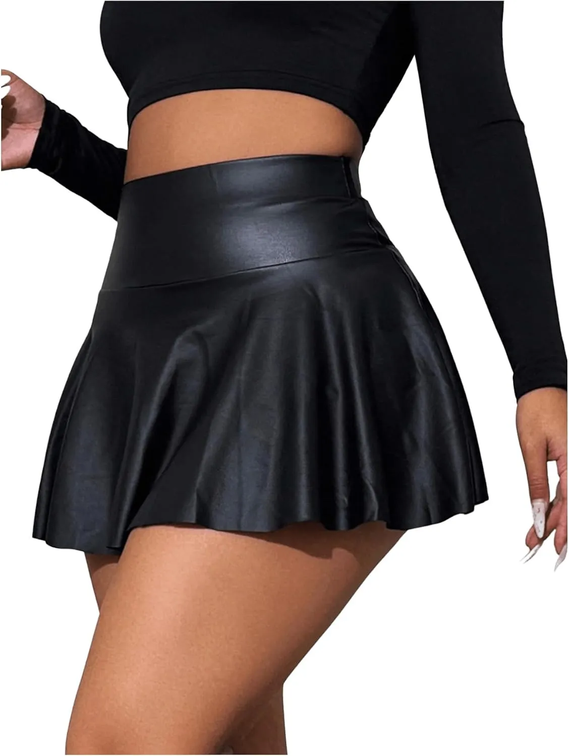 OYOANGLE Women's Pu Leather Elastic High Waist Skorts Ruffle Hem Casual Flared Skirt Shorts