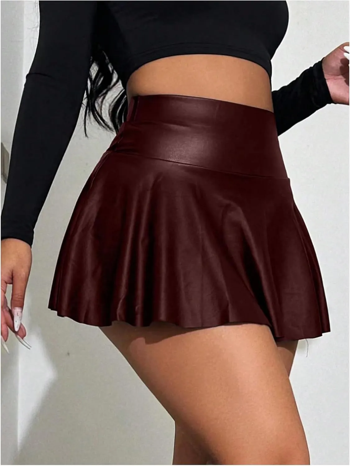 OYOANGLE Women's Pu Leather Elastic High Waist Skorts Ruffle Hem Casual Flared Skirt Shorts