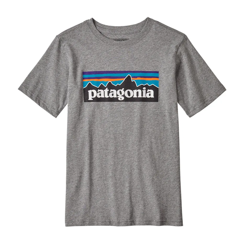 Patagonia Boys P-6 Logo Organic S/S T-Shirt - Gravel Heather / White (GHWH) 62153